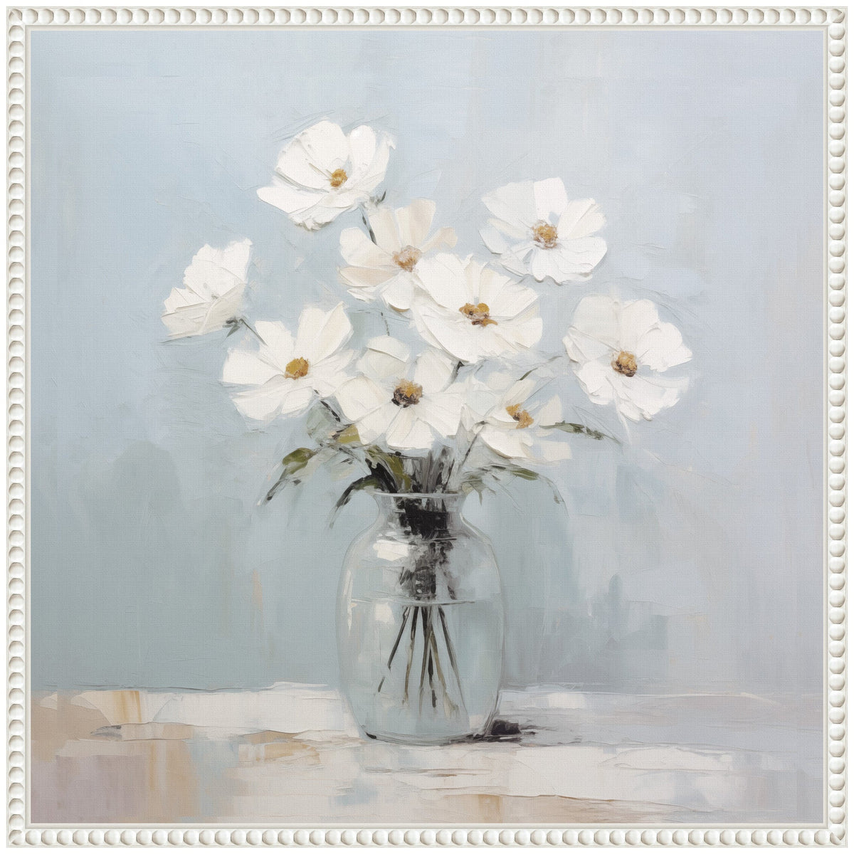 Painting of a clear glass jar holding white daisies with yellow centers against a soft blue background, framed in a white decorative border.