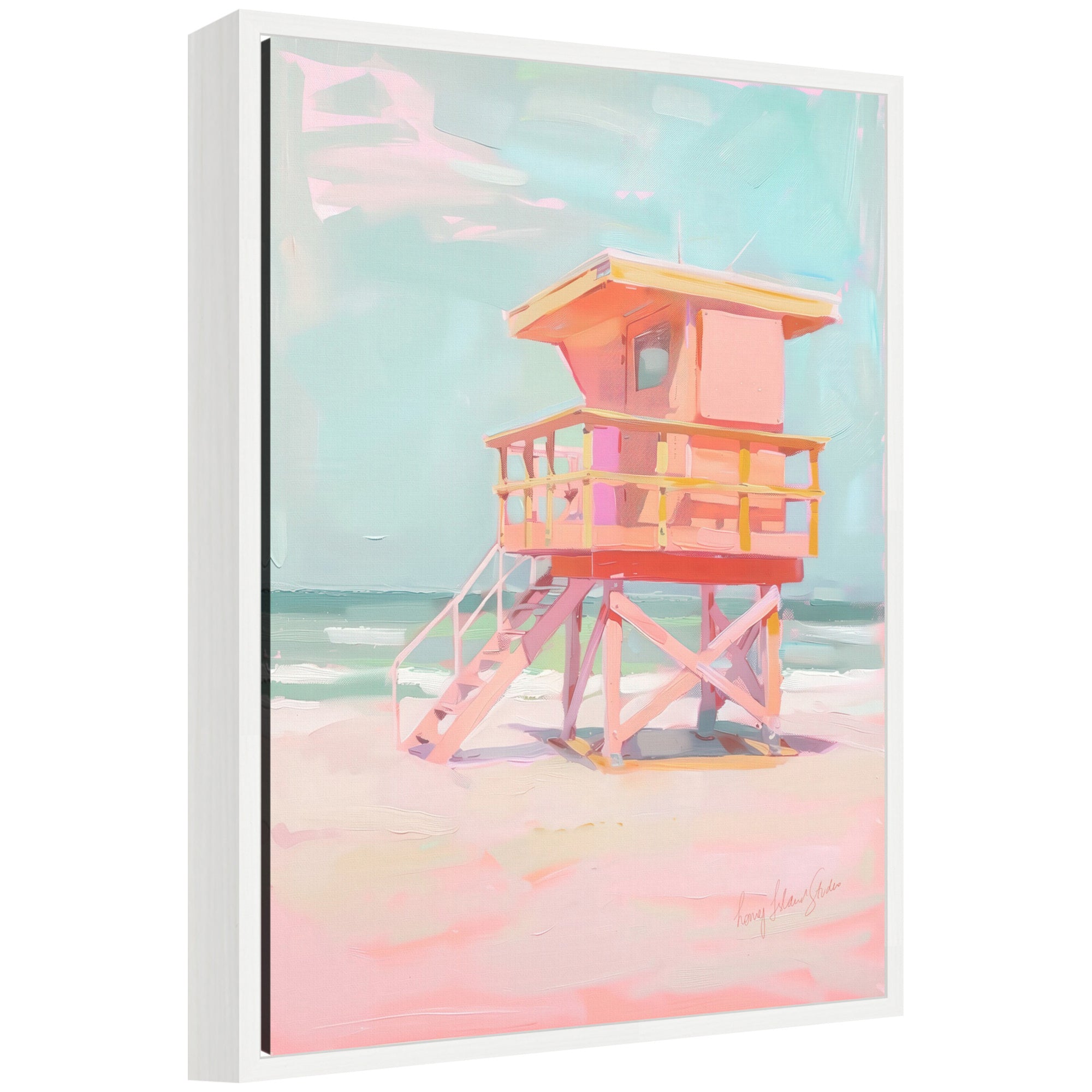 Framed canvas art titled Sylvie Beach Lifeguard Tower Pastels featuring pastel colors and a coastal lifeguard tower scene