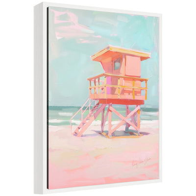 Framed canvas art titled Sylvie Beach Lifeguard Tower Pastels featuring pastel colors and a coastal lifeguard tower scene