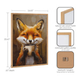 Smiling orange fox holding a white coffee cup, framed with light natural oak wood and minimalist gallery profile, shown with dimensions and hanging options.
