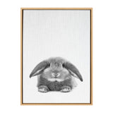 Black and white close-up of a fluffy rabbit with floppy ears lying down, centered on a textured light background framed in light wood.