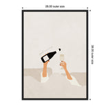 Minimalist illustration of two arms raised from a white blanket, one holding a champagne bottle labeled 'good morning' and the other a filled flute glass, on a light background.