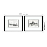 Two framed vintage postcard-style black and white prints side by side; one depicts London with Big Ben and bridge, the other shows a Parisian building, both with black frames and white mattes.