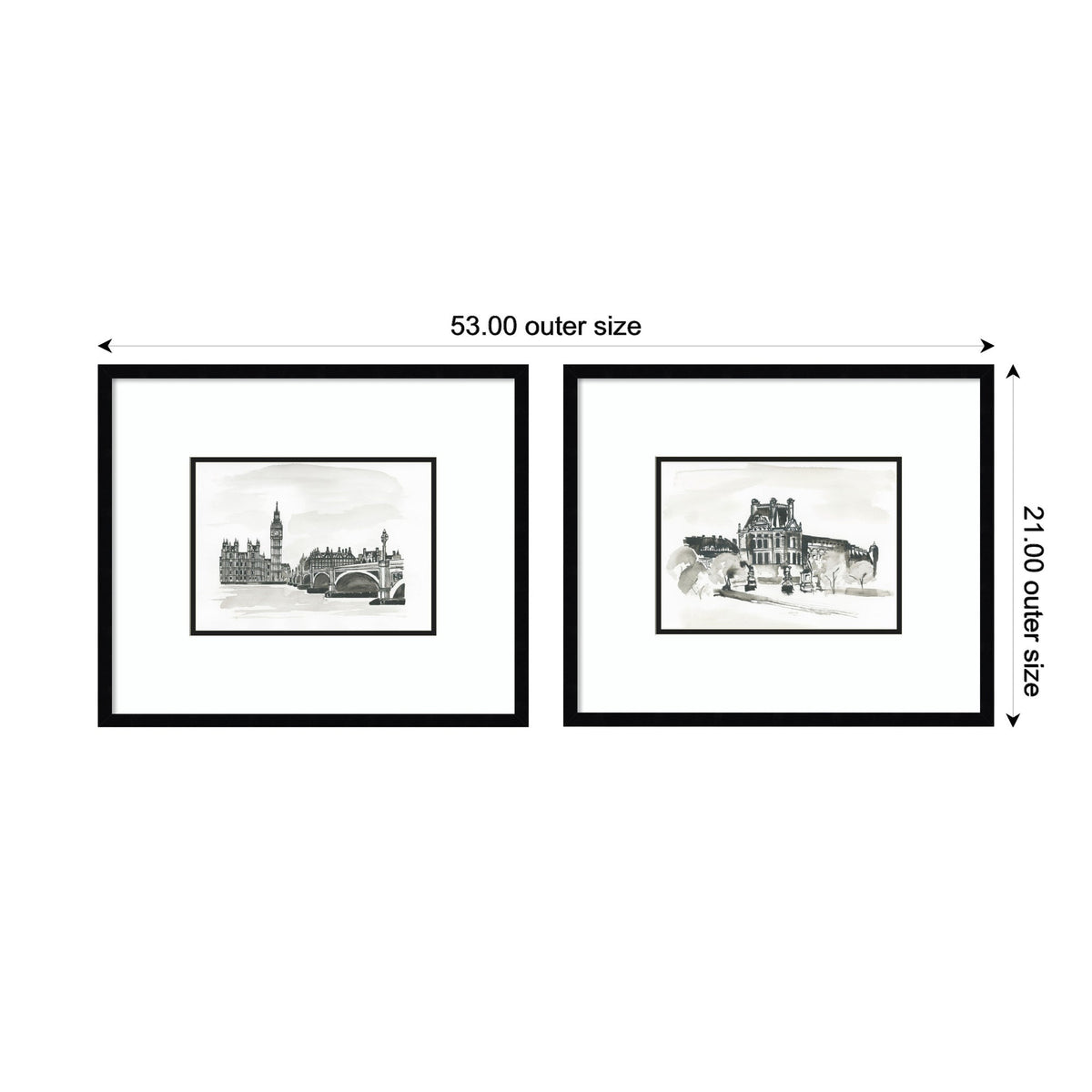 Two framed vintage postcard-style black and white prints side by side; one depicts London with Big Ben and bridge, the other shows a Parisian building, both with black frames and white mattes.