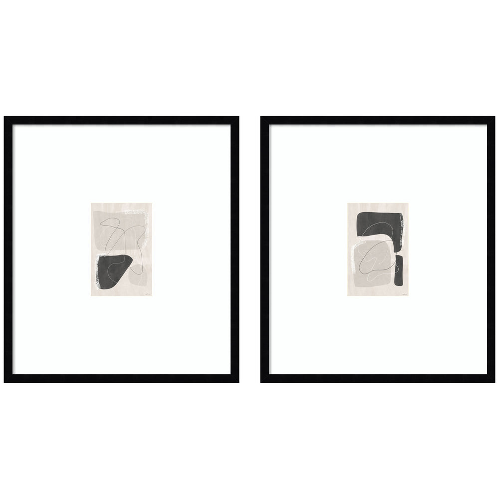 Two framed abstract wall art prints in black moulding showing geometric shapes in neutral tones