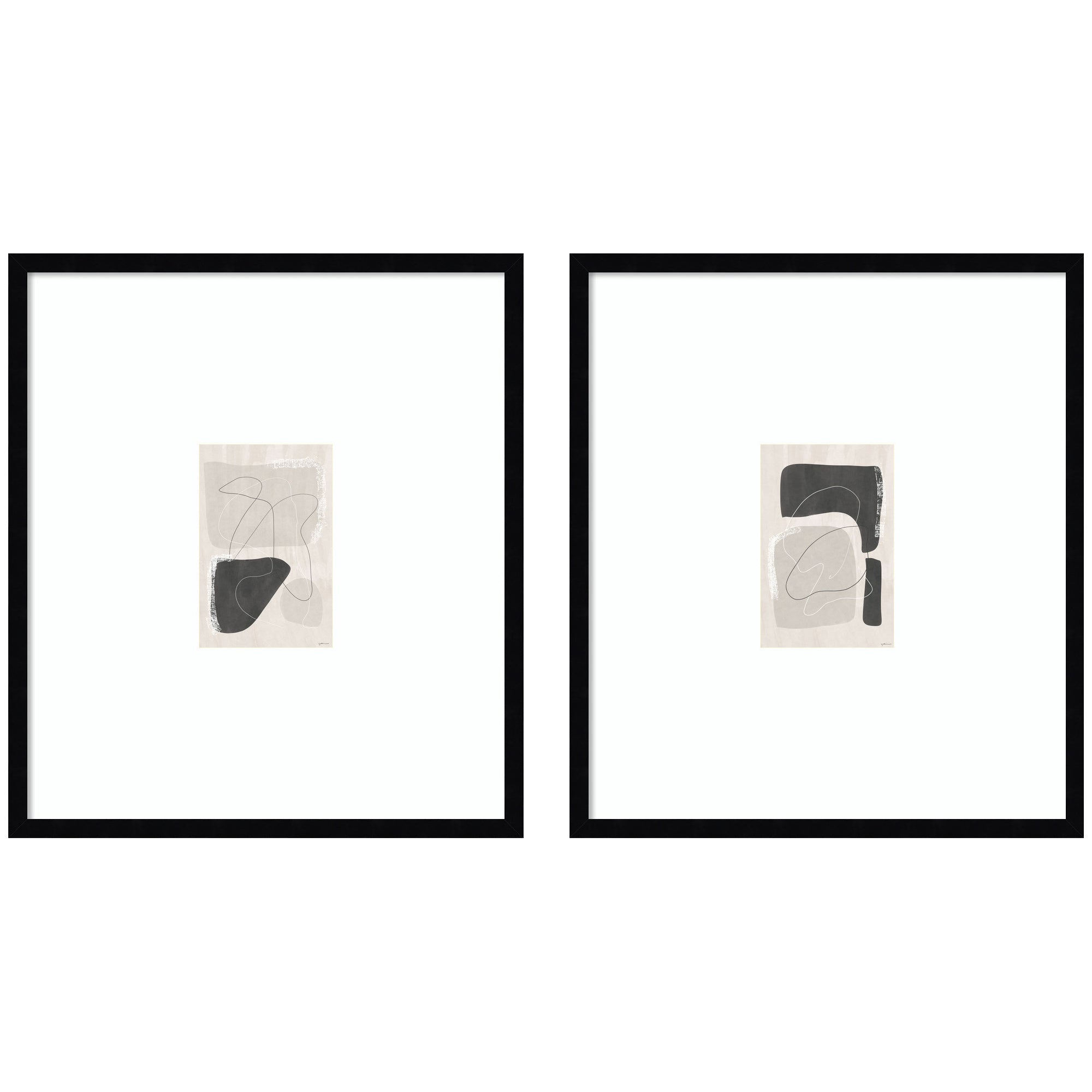 Two framed abstract wall art prints in black moulding showing geometric shapes in neutral tones