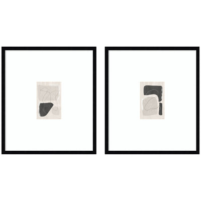 Two framed abstract wall art prints in black moulding showing geometric shapes in neutral tones