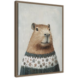 Framed canvas art of a capybara wearing a winter snowflake sweater surrounded by gentle snowfall in muted colors