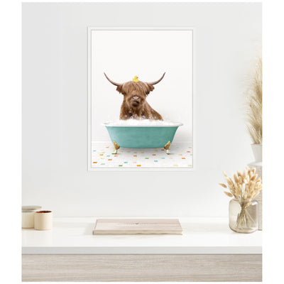 Sylvie Highland Cow in Teal Bathtub on Colored Tile Framed Canvas