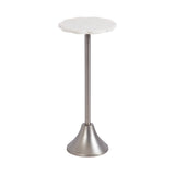 Scalloped white marble tabletop with subtle veining on a slender silver metal pedestal base with flared bottom, shown on white background.