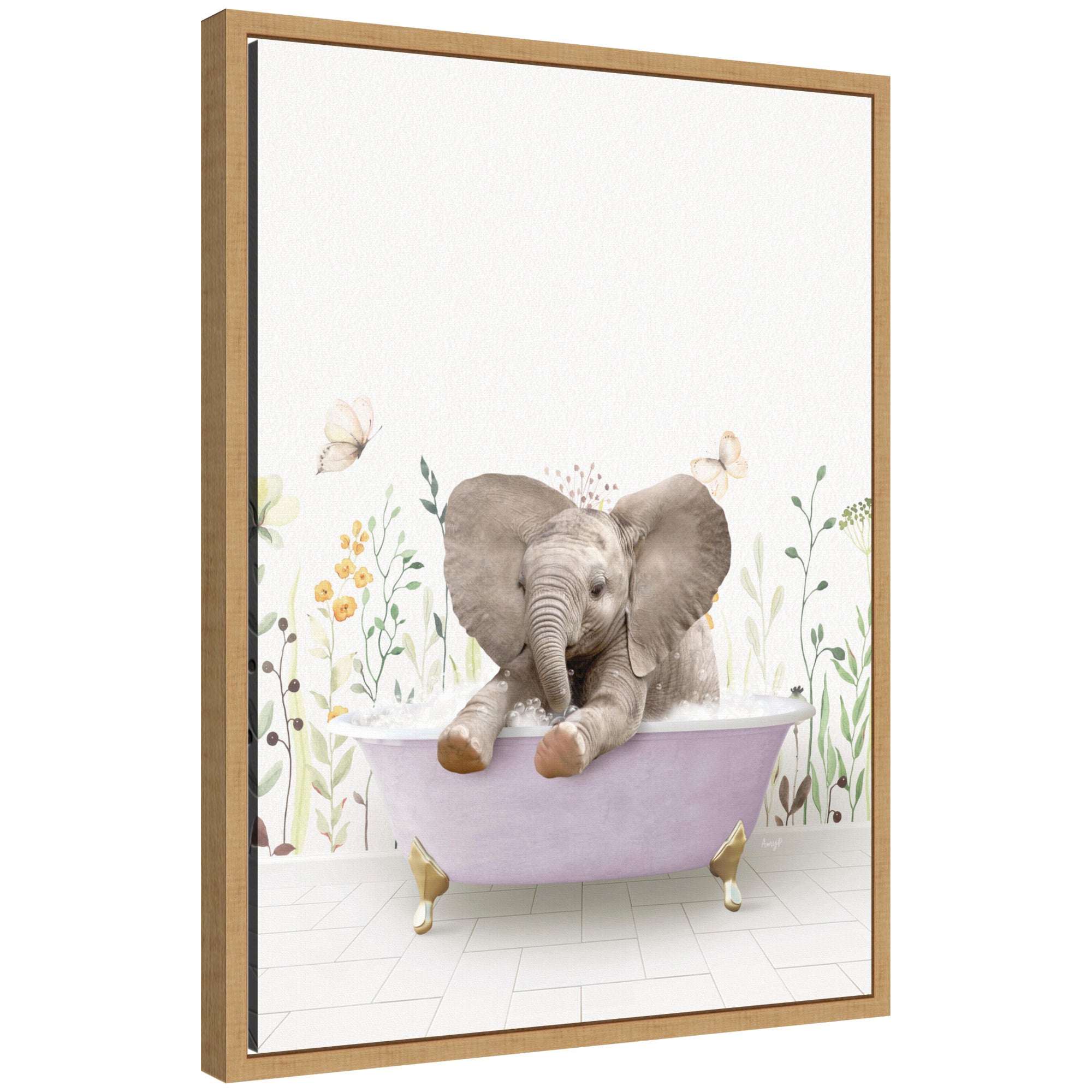Sylvie Baby Elephant artwork featuring a baby elephant in a spring-themed bathtub against a neutral background