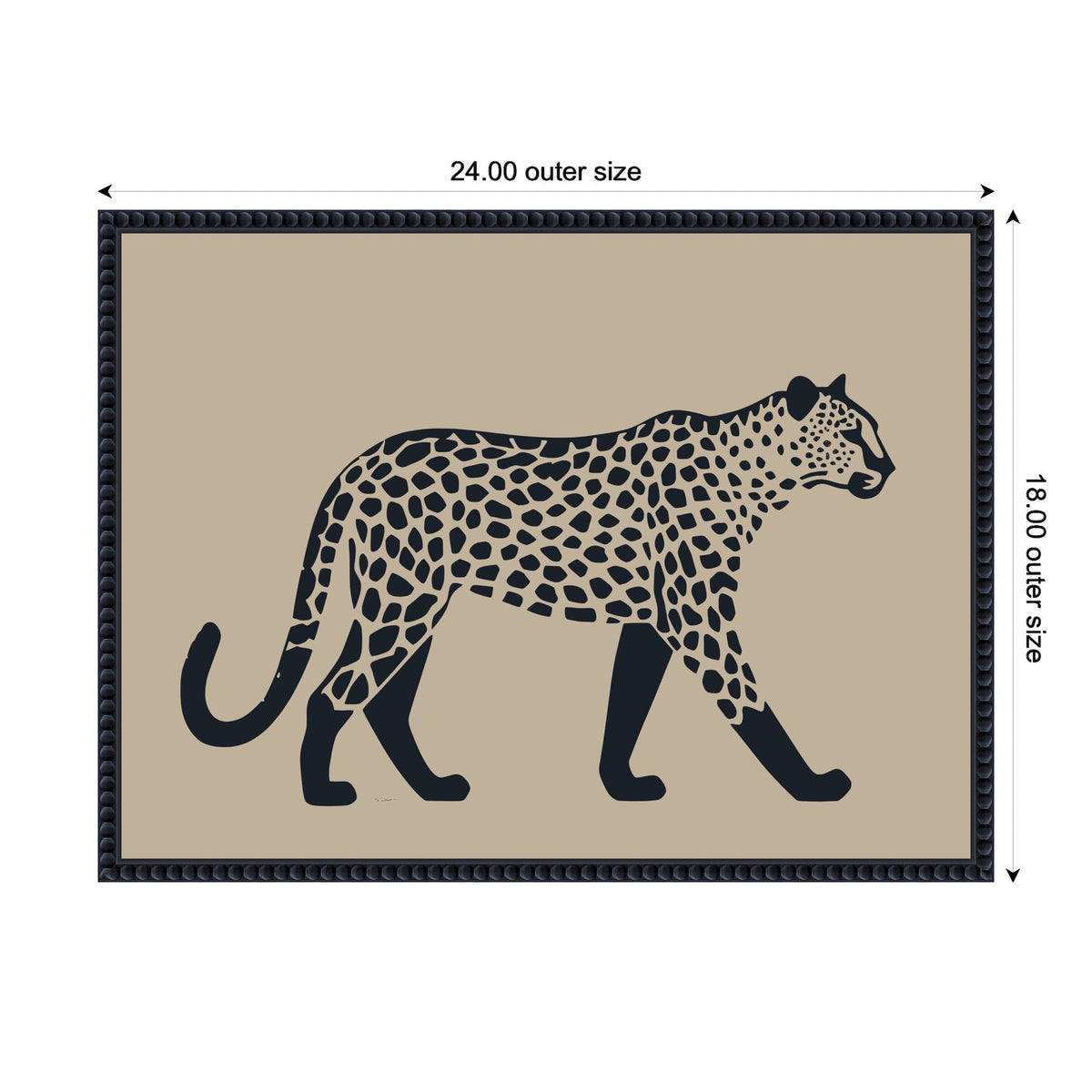 Black linocut-style leopard silhouette with irregular spots on a muted tan background, framed in a dark decorative frame with outer size 24x18 inches.