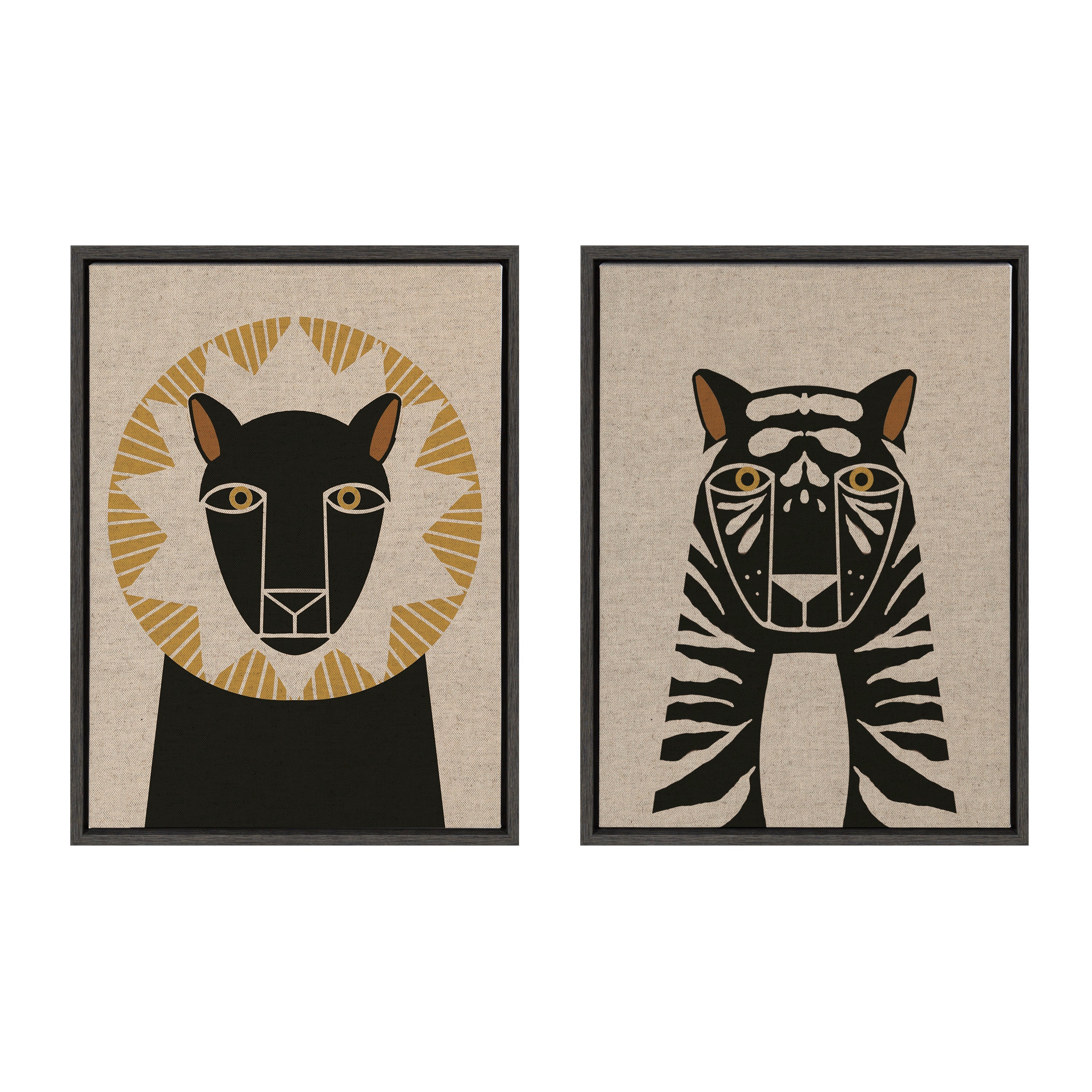 Framed canvas art set featuring neutral linen lion and tiger profiles by Hannah Beisang