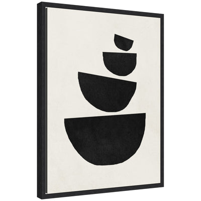 Sylvie Black Geometric Abstract 1 Framed Canvas showcasing layered black geometric shapes on white background, modern polystyrene frame visible