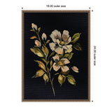 Framed canvas depicting muted pink and white flowers with green leaves on a black background, measuring 18 by 24 inches outer size.