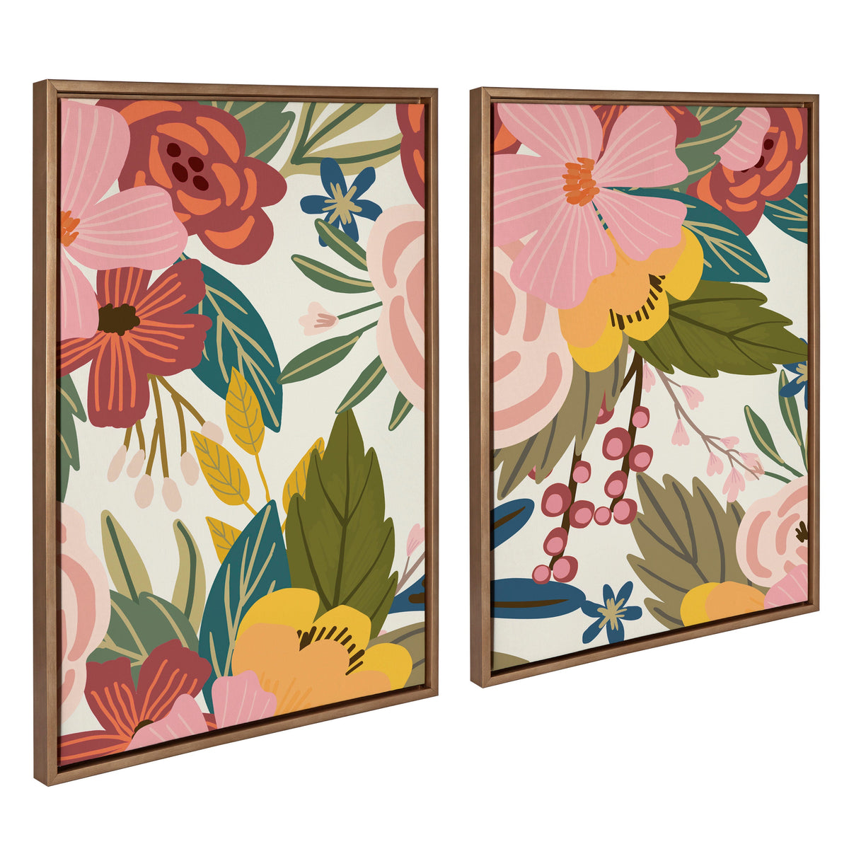 Two framed canvases featuring vibrant floral designs with large pink, yellow, and red flowers and green leaves on a white background, shown side by side.