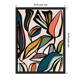 Abstract canvas art with overlapping colorful leaves in teal, orange, yellow, and green outlined in black on a pale pink background, framed in black wood.