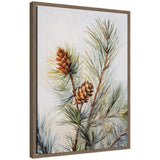 Framed canvas art showing detailed pine branches with cones by The Creative Bunch Studio