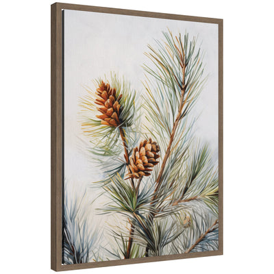 Framed canvas art showing detailed pine branches with cones by The Creative Bunch Studio