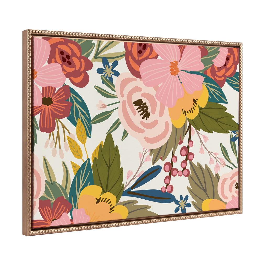 Sylvie Beaded Softly Framed Canvas art by Mia Charro with colorful floral illustration and gold vintage beaded frame
