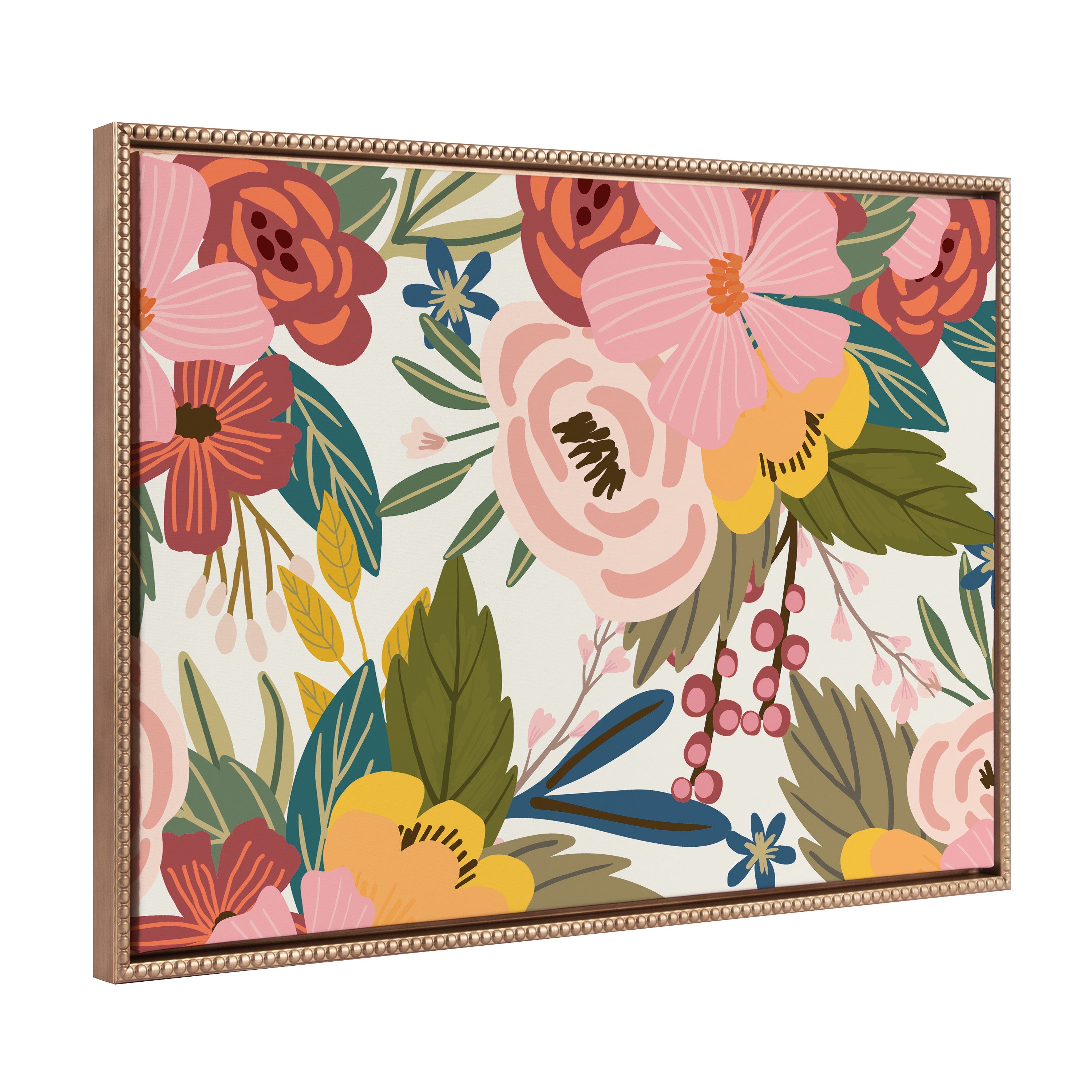 Sylvie Beaded Softly Framed Canvas art by Mia Charro with colorful floral illustration and gold vintage beaded frame