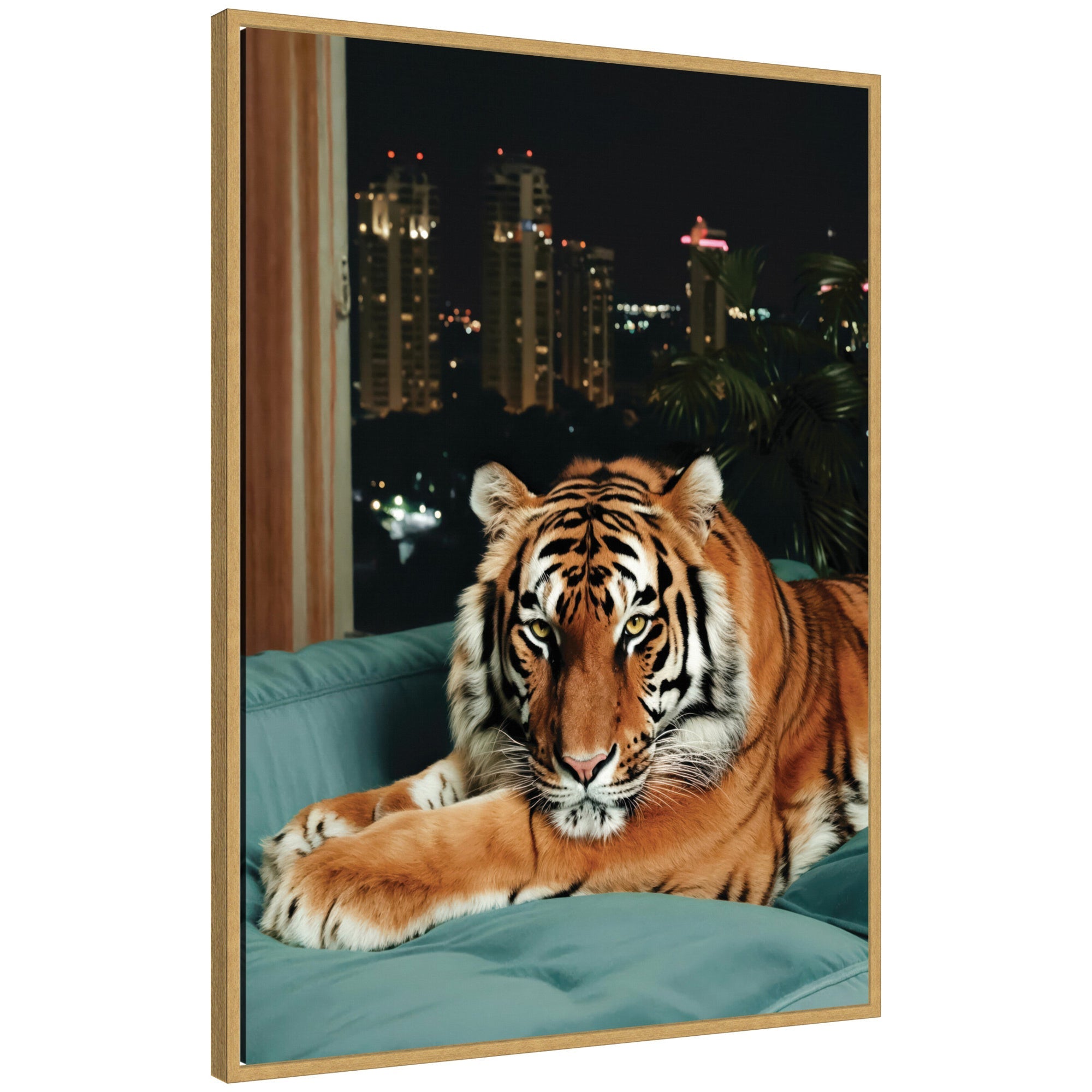 Sylvie Tiger in the City at Night 1 framed canvas art showing a tiger in a dark cityscape