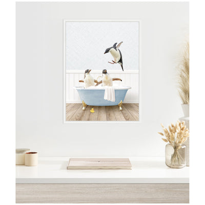 Sylvie Penguins in Cottage Blue Bathtub Framed Canvas by Amy Peterson