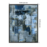 Abstract painting with overlapping rectangular shapes and brushstrokes in shades of blue, grey, black, and touches of gold on a vertically oriented canvas.