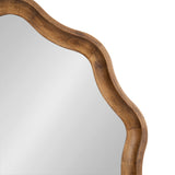 Close-up of a wooden round mirror frame with a smooth, scalloped design and natural wood grain texture against a white background.