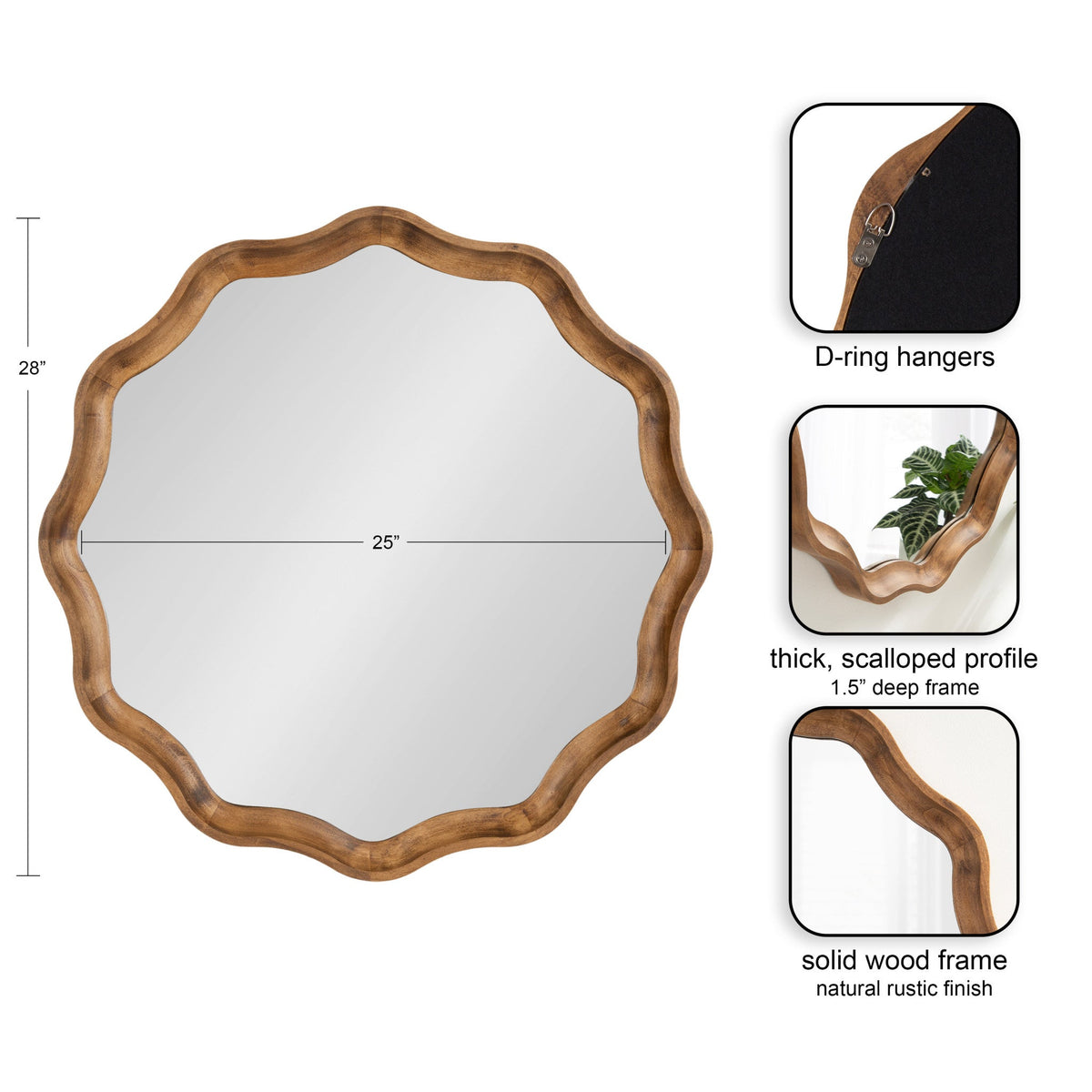Round mirror with a 25-inch scalloped solid wood frame in natural rustic finish, featuring a 1.5-inch depth and D-ring hangers on the back.