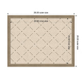 Rectangular beige pinboard with a green lattice pattern inside a medium brown wooden frame, showing outer size 26x20 inches and inner size 24x18 inches.