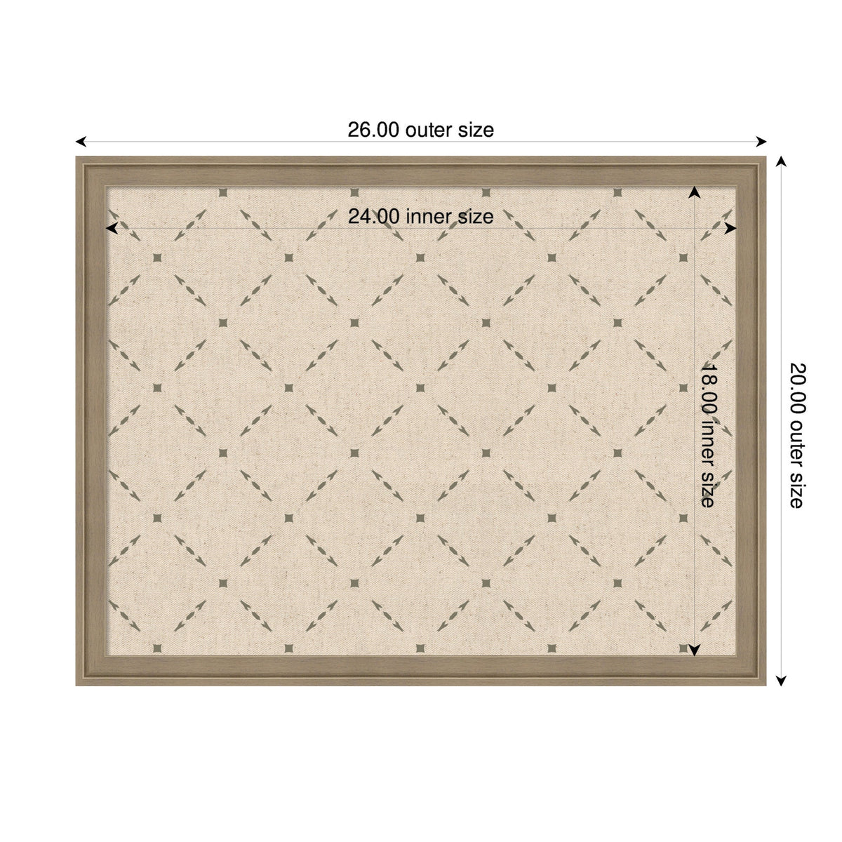 Rectangular beige pinboard with a green lattice pattern inside a medium brown wooden frame, showing outer size 26x20 inches and inner size 24x18 inches.