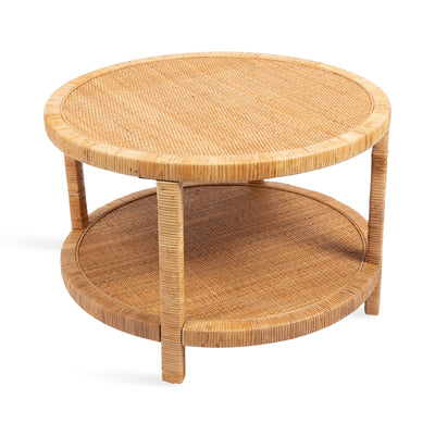 Rafina Rattan Round Coffee Table with natural rattan legs and round tiered tabletop in a bright living room setting