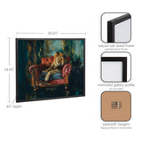 Lion lounging on a red upholstered armchair against a dark teal and gold abstract background, framed with a thin black oak wood frame.