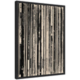 Framed canvas print depicting black and white vertical lines resembling worn vinyl record spines with visible text and graphic wear marks