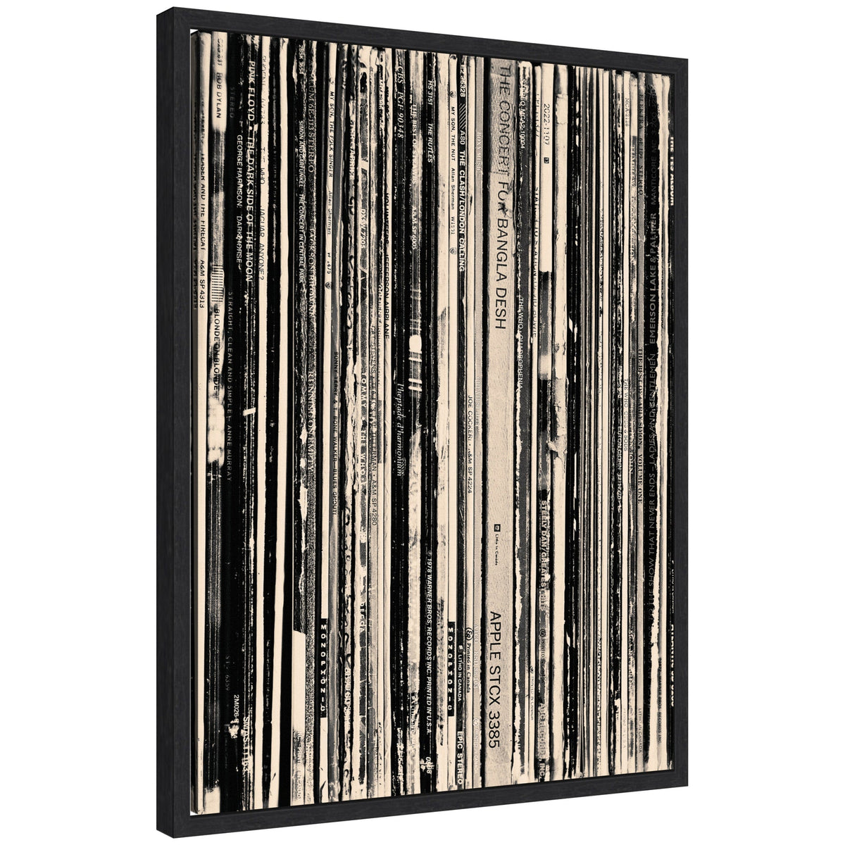 Framed canvas print depicting black and white vertical lines resembling worn vinyl record spines with visible text and graphic wear marks