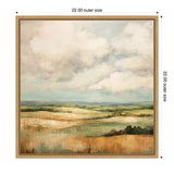 Framed abstract landscape painting showing rolling hills with green and golden fields under a cloudy blue sky, in soft muted earth tones.