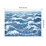 Blue and white linocut-style artwork depicting stylized ocean waves with swirling patterns on a canvas within a 38 by 28 inch white frame.
