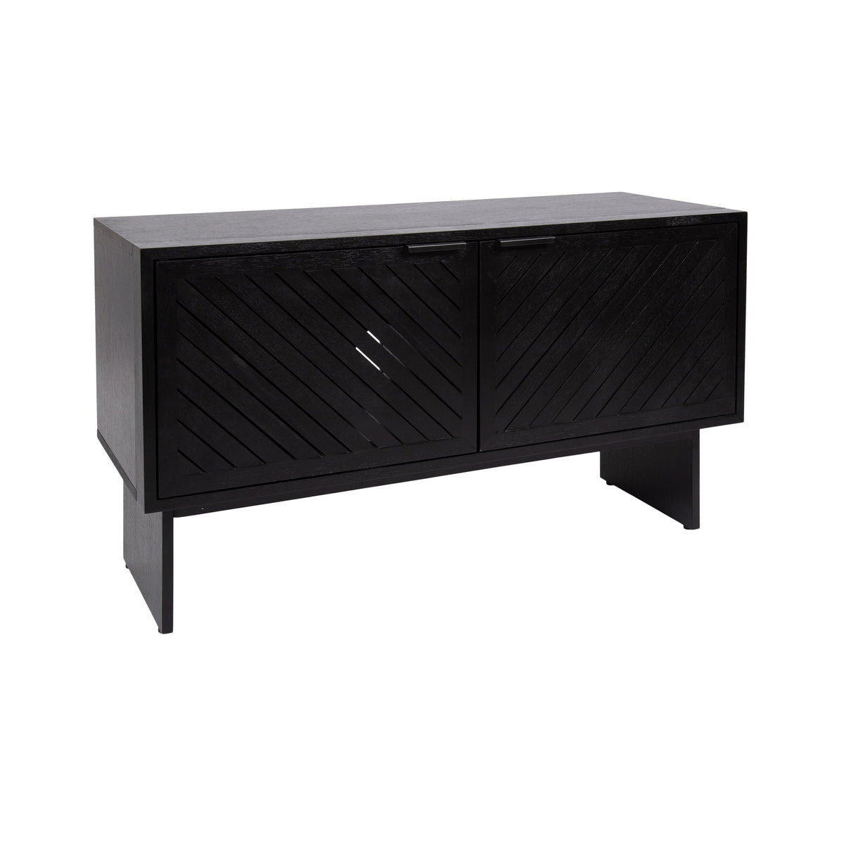 Mezzeta Wood TV Stand by Kate and Laurel featuring chevron slatted wood doors in a living room setting