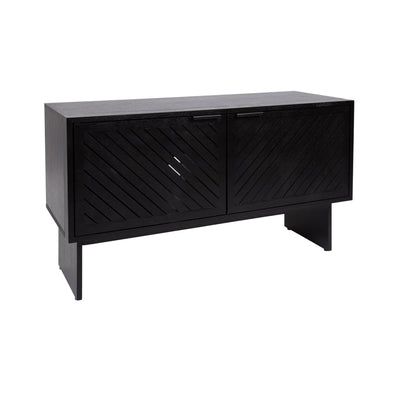 Mezzeta Wood TV Stand by Kate and Laurel featuring chevron slatted wood doors in a living room setting