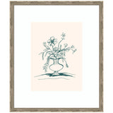 Line drawing of a floral arrangement in a pedestal vase, featuring delicate flowers and trailing leaves on a light beige background in an ornate light-colored frame.