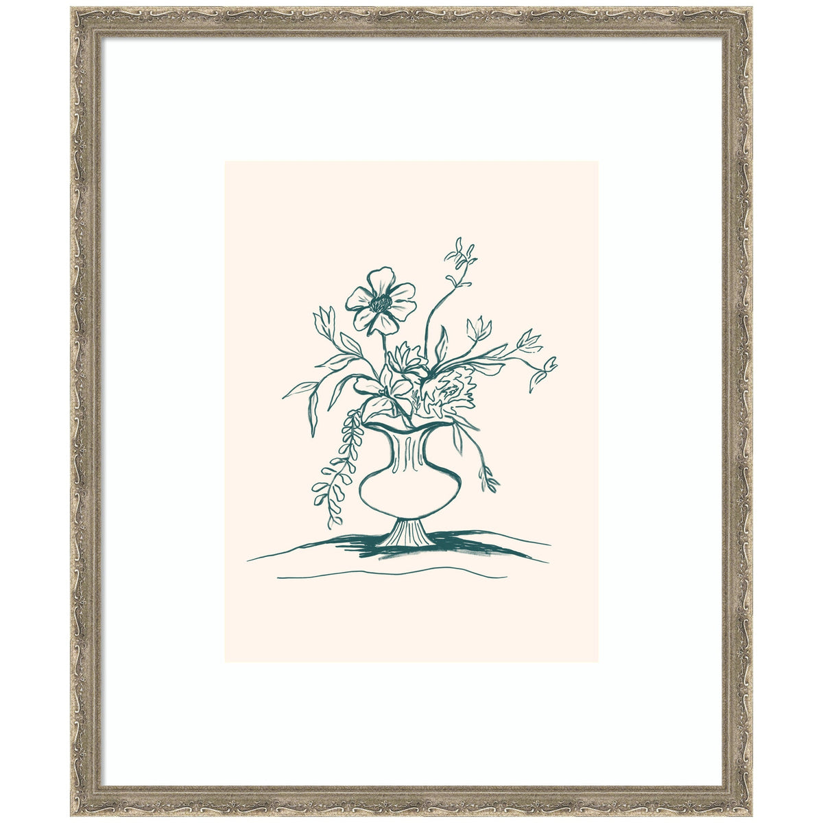Line drawing of a floral arrangement in a pedestal vase, featuring delicate flowers and trailing leaves on a light beige background in an ornate light-colored frame.