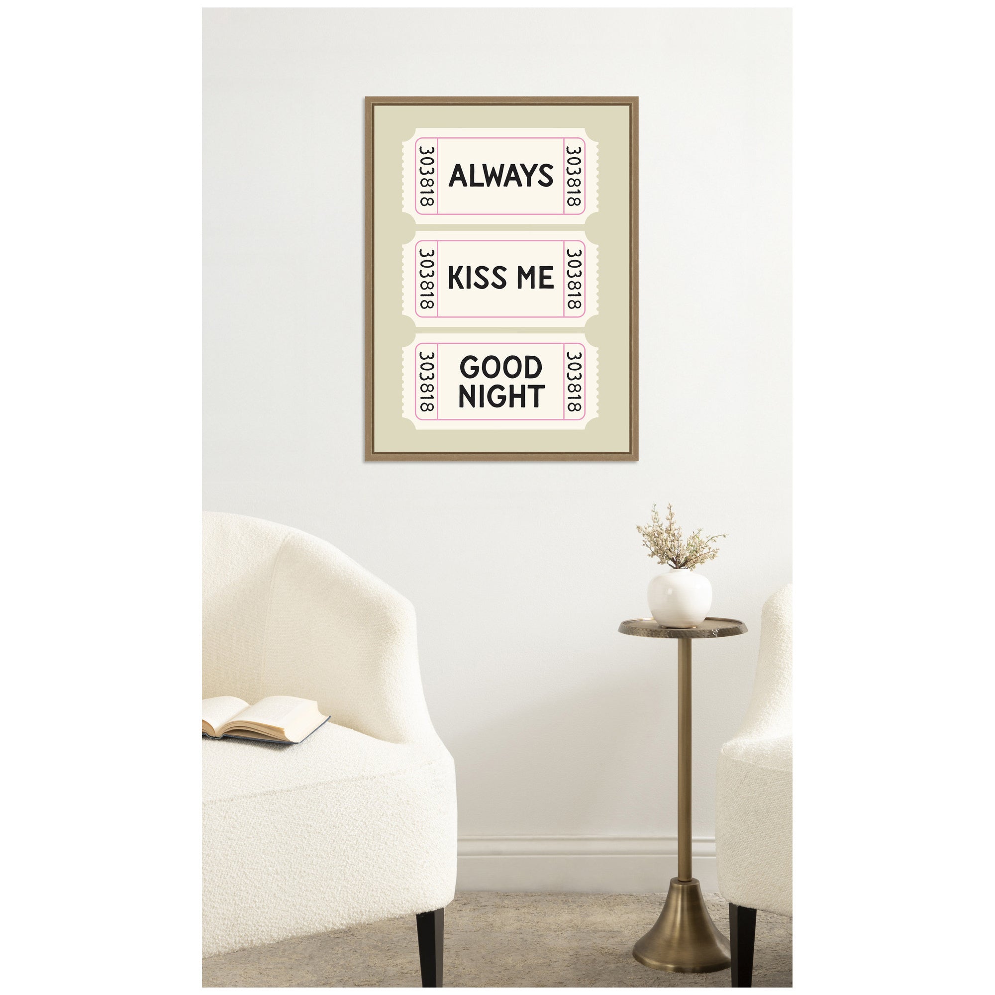 Above Bed Decor, Always Kiss Me Goodnight Ticket Print, Sage Green Wall Art Retro Poster by Lucky Guava Framed Canvas Wall Art Print