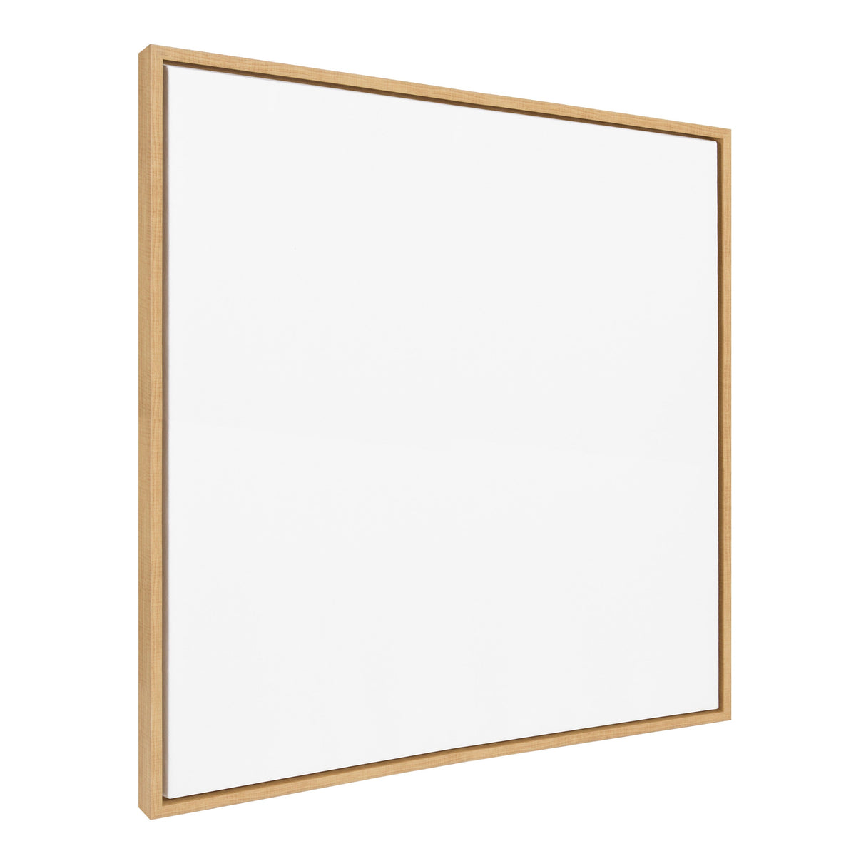 Square blank white canvas in a simple natural wood frame viewed at an angle, highlighting its smooth surface and clean lines.