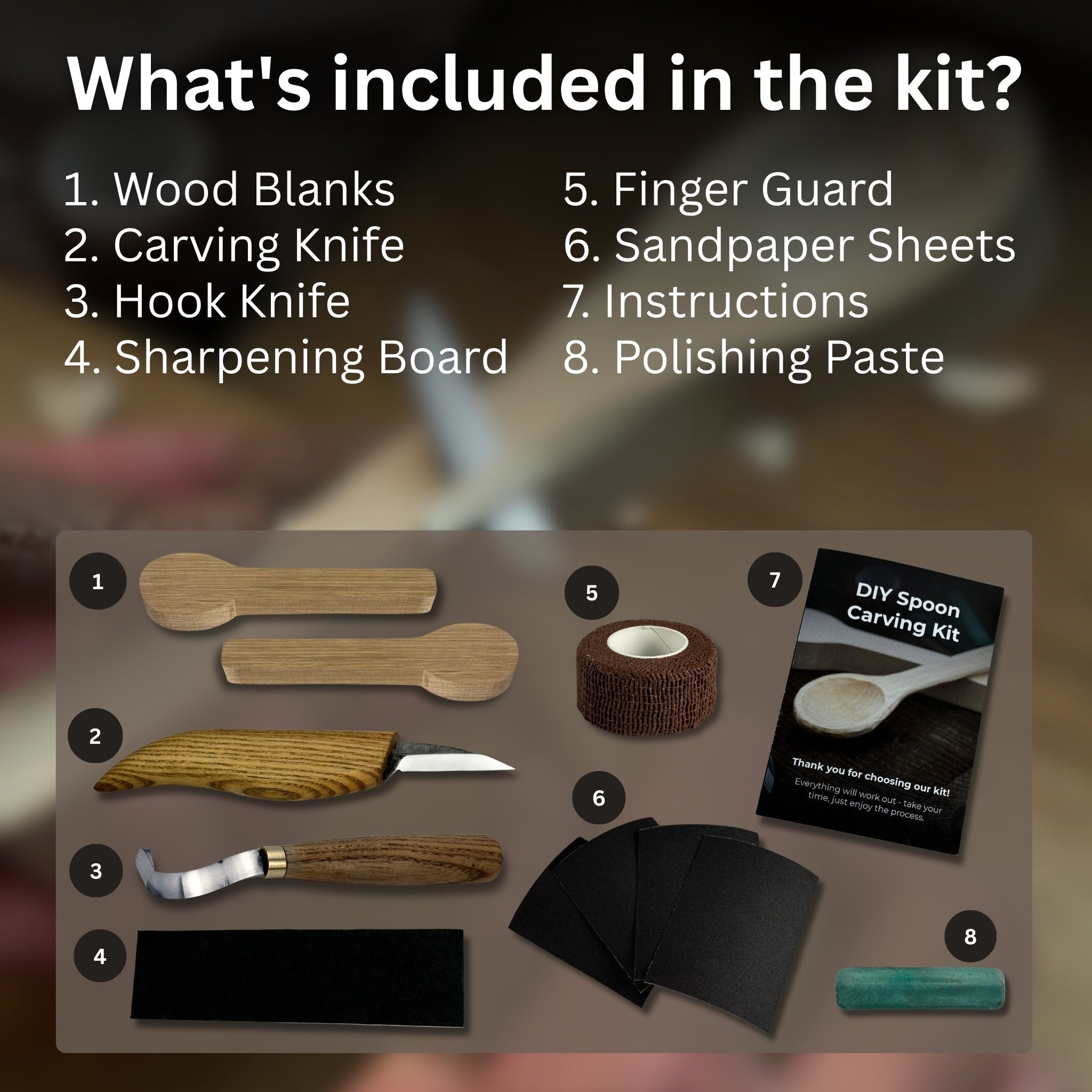 Beginner DIY Spoon Carving Kit with hand-forged knives, linden wood blanks, and carving tools laid out