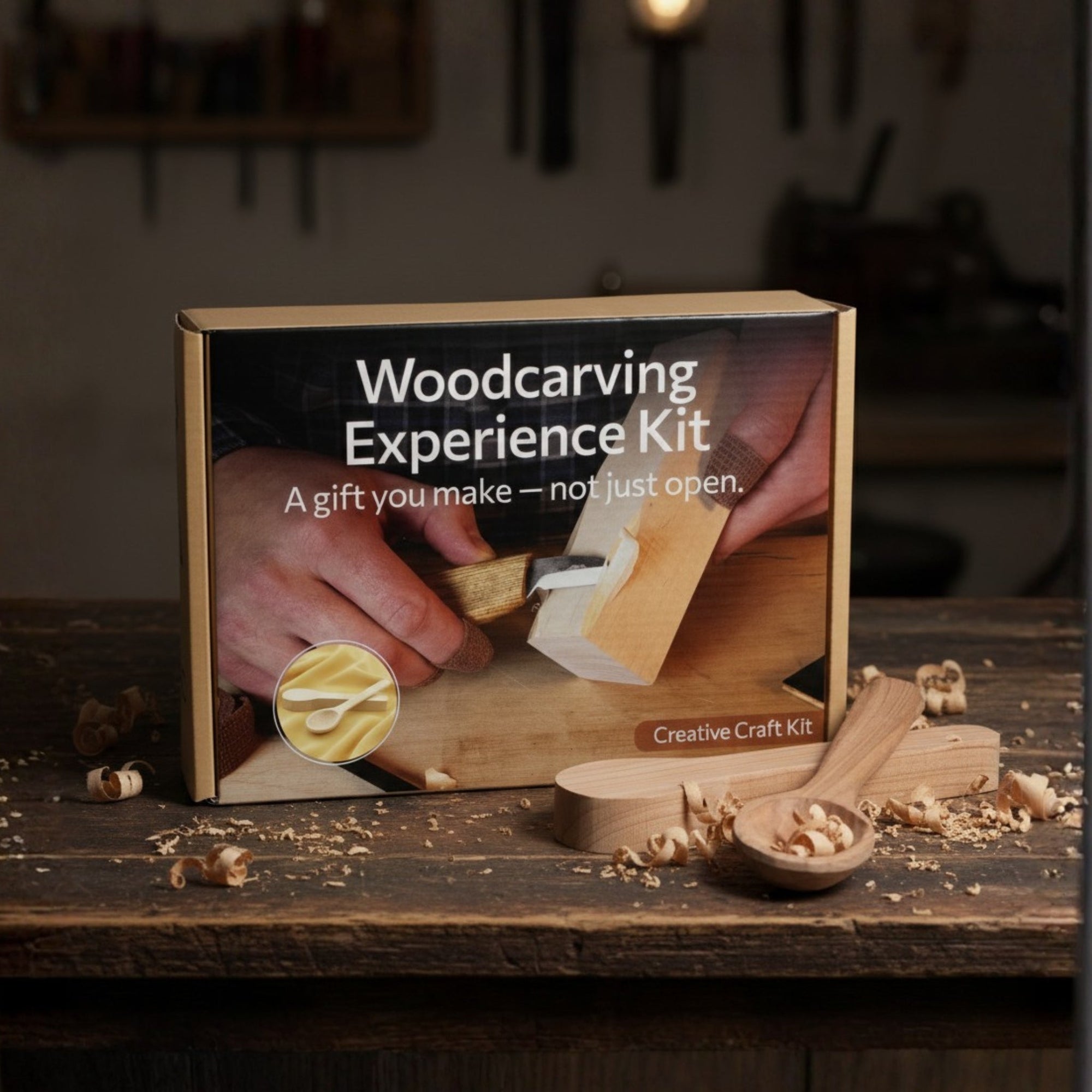 Beginner DIY Spoon Carving Kit with hand-forged knives, linden wood blanks, and carving tools laid out