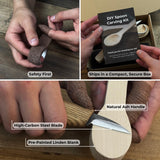 Beginner DIY Spoon Carving Kit with hand-forged knives, linden wood blanks, and carving tools laid out