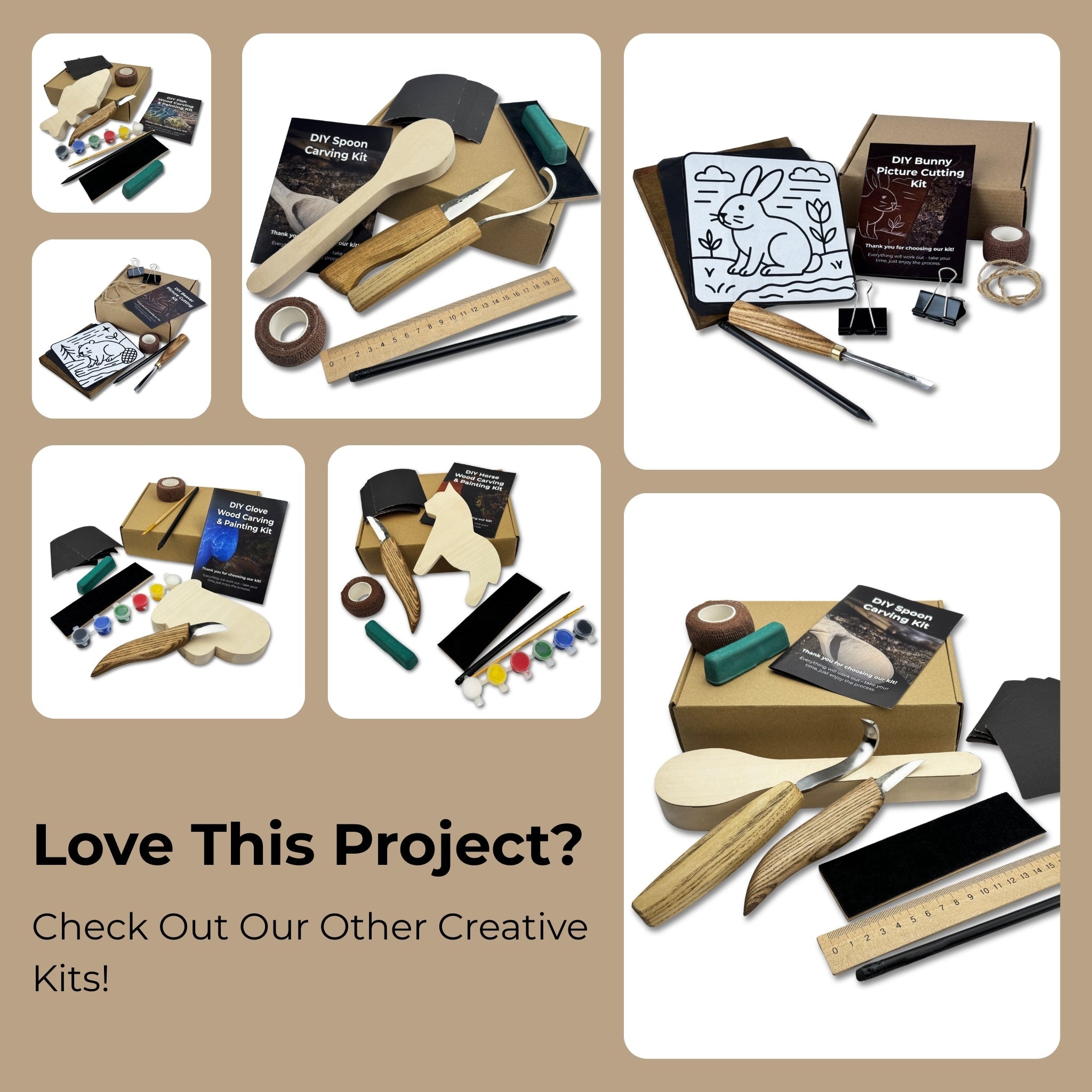 Beginner Heart Wood Carving and Painting Kit with tools and paints laid out