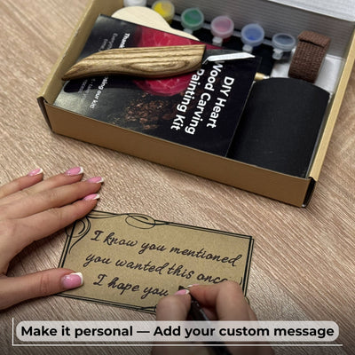 Beginner Heart Wood Carving and Painting Kit with tools and paints laid out