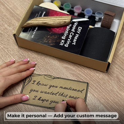 Beginner Heart Wood Carving and Painting Kit with tools and paints laid out